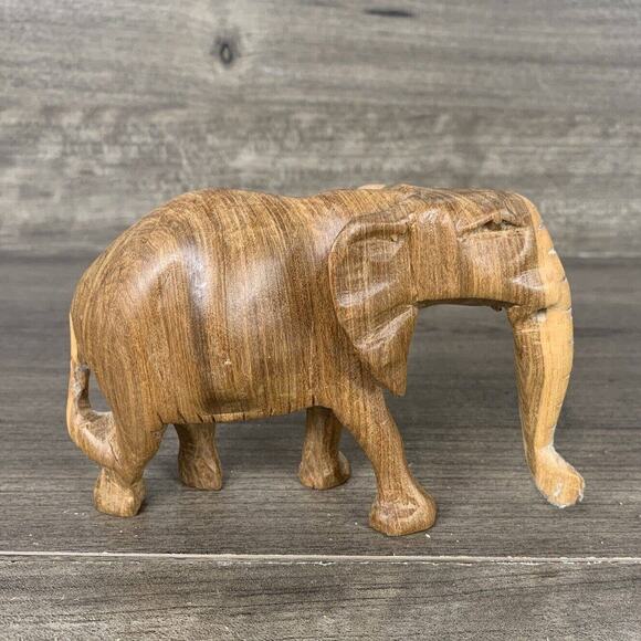 Wood Elephant Sculpture Hand Carved Light Colored Wooden Figurine 3” Tall Decor - Picture 1 of 7